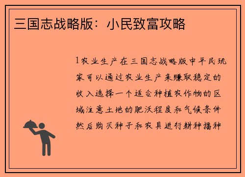 三国志战略版：小民致富攻略