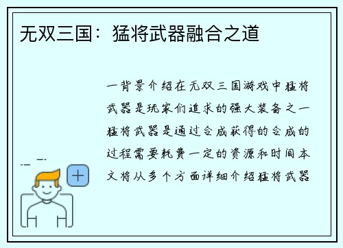 无双三国：猛将武器融合之道